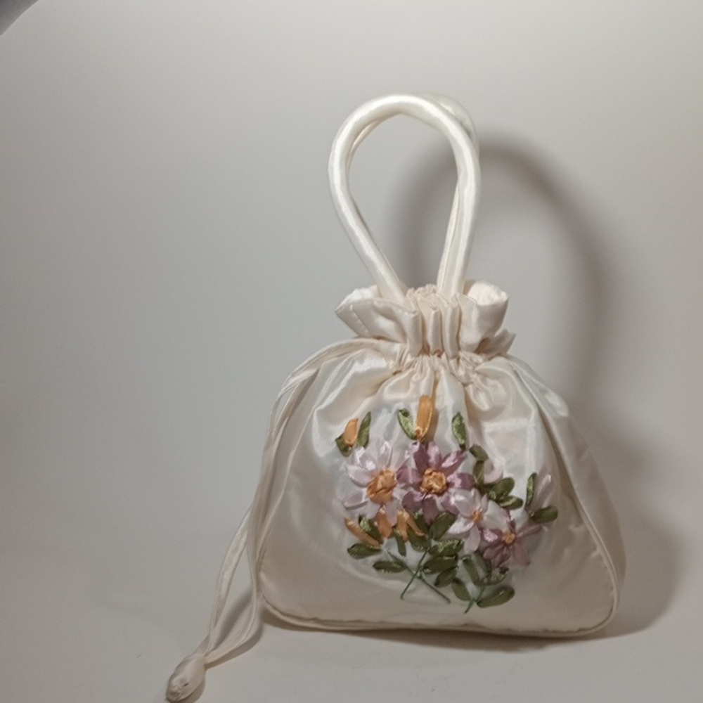 Women's Bucket Bag Purse Drawstring Cream Ivory Bridal Flower Girl Forma…